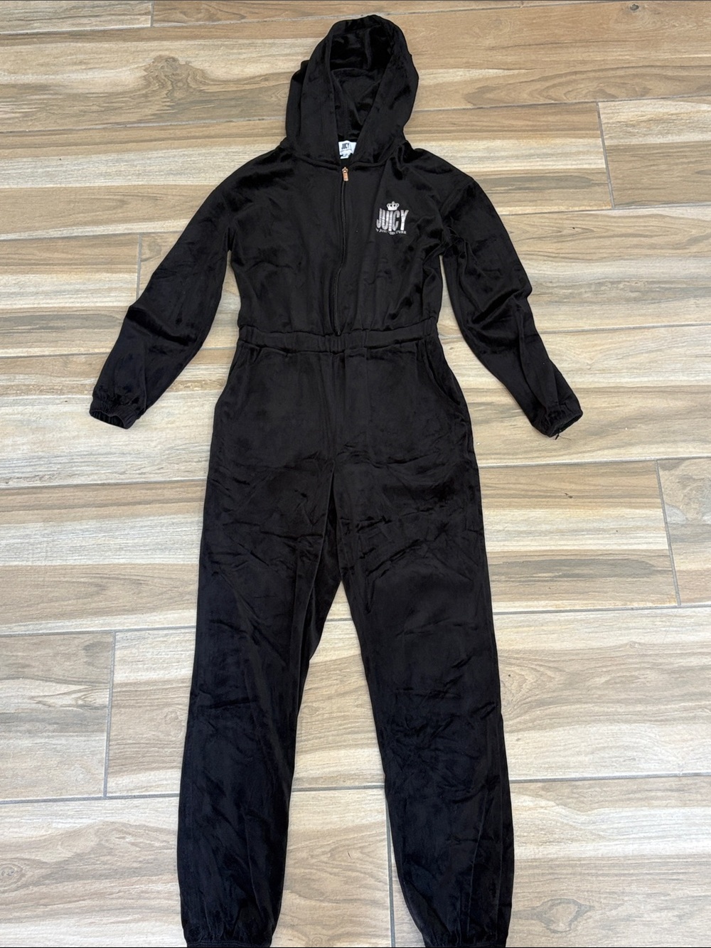Juicy Couture Black Hooded Velour One-Piece Jumpsuit